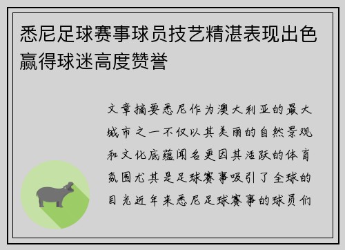 悉尼足球赛事球员技艺精湛表现出色赢得球迷高度赞誉
