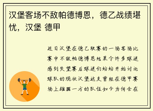 汉堡客场不敌帕德博恩，德乙战绩堪忧，汉堡 德甲