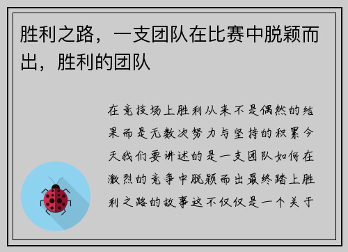 胜利之路，一支团队在比赛中脱颖而出，胜利的团队