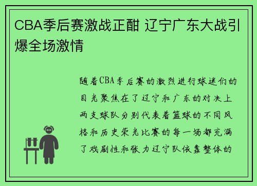 CBA季后赛激战正酣 辽宁广东大战引爆全场激情