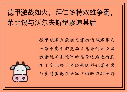 德甲激战如火，拜仁多特双雄争霸，莱比锡与沃尔夫斯堡紧追其后