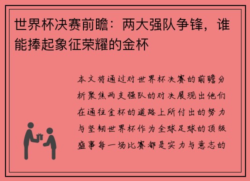 世界杯决赛前瞻：两大强队争锋，谁能捧起象征荣耀的金杯